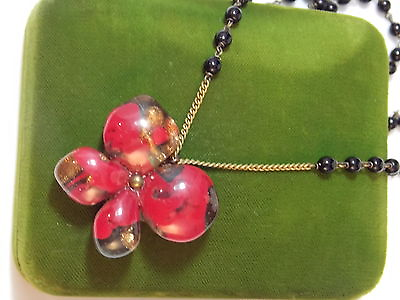 #ad Vintage Wired Black Glass Bead Necklace Red Gold Foiled Butterfly Pendant 6a 6 $29.69