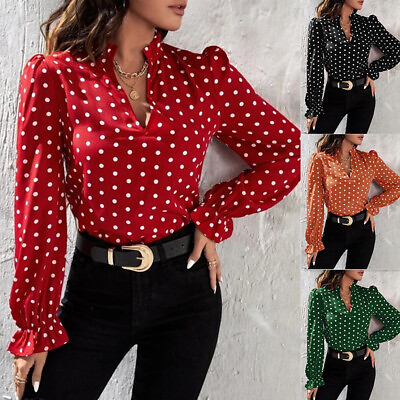 #ad Womens Polka Dot T Shirts Casual Blouse Ladies Long Puff Sleeve OL Work Tops Tee $18.19