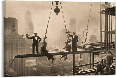 #ad Black White Vintage Poster Industrial Age Worker Lunch Skyscraper Canvas poster $70.00