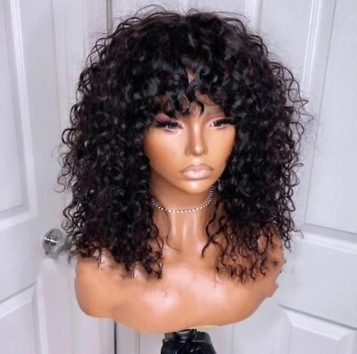 #ad Human hair wigs Curly Bob Full Machine Made Natural Black $145.85