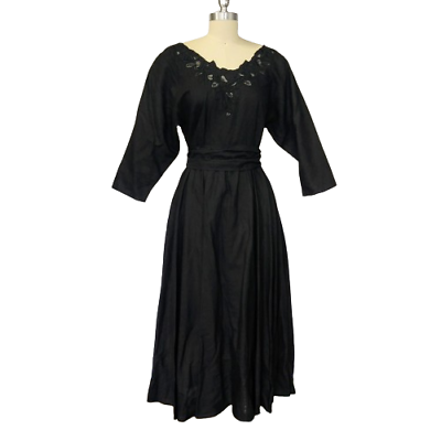 #ad Vtg Black Dress Size M Lagenlook Tie Waist Embroidered Button Gunne Sax Style $98.99