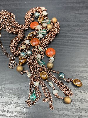 #ad Vintage Necklace Copper Sign Erica Lyons Y Tassel Beaded Accents 24”￼ $29.98