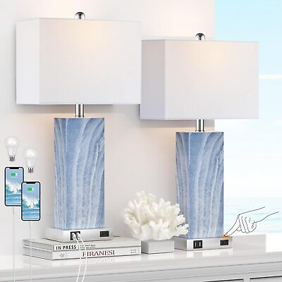#ad Modern Ceramic Blue Nightstand Bedside Lamp with 2 USB Ports 1 AC Outlet $82.19