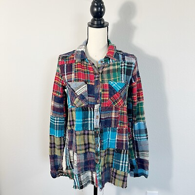 #ad We The Free People Lost In Plaid Patchwork Flannel Shirt Button Up RARE Medium $39.95