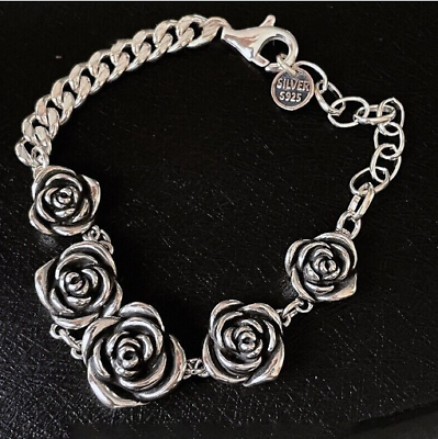 #ad New 925 Sterling Silver Vintage Roses Flower Chain Bracelet Trendy Style Bangle $8.20