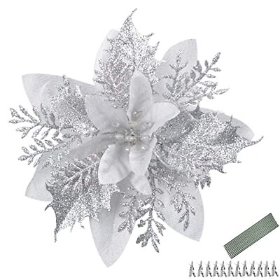 #ad MEMOVAN 12pcs 5.5in Silver Poinsettia Artificial Flowers Christmas Flowers wi... $22.18