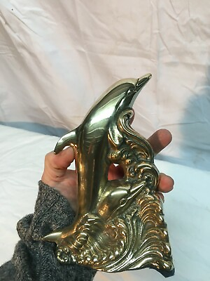 #ad Vintage Solid Brass Dolphin in Ocean Nautical Beach Table Art 7.5in $31.49