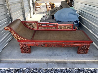 #ad EXQUISITE Original Antique Intricately Carved Red Lacquer Gold Opium Chaise Bed $1700.00