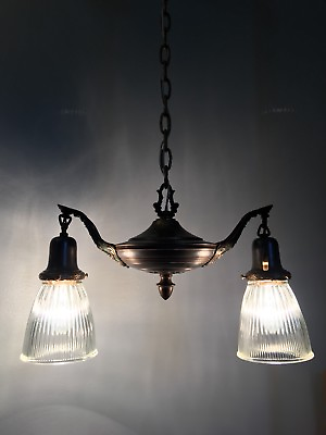 #ad 31” Double Arm Pendant Light With Ribbed Glass Shades Antique Light 17B $332.50