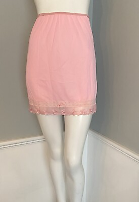 #ad Vintage Mini Slip Pink Lace Embroidered Trim Pin Up Glam Lingerie Small 15”L $16.50
