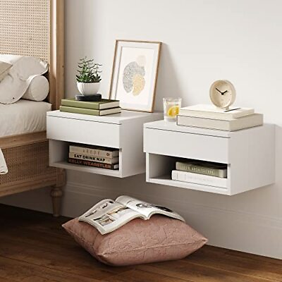 #ad Jackson Modern Floating Bedside Nightstand with Drawer Set White Set of 2 $206.22