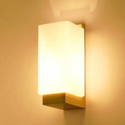 #ad Nordic Wall Sconce Lighting Wood Base Mini Night Light Glass Shade Wall Lamp $69.99