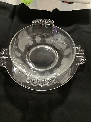 #ad Vtg Etched Berry Bowl W Under plate Strawberries Handles $23.00