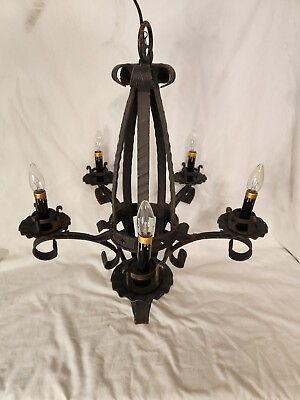 #ad Vintage Spanish Colonial Gothic Black Wrought Iron Hanging Chandelier $284.00
