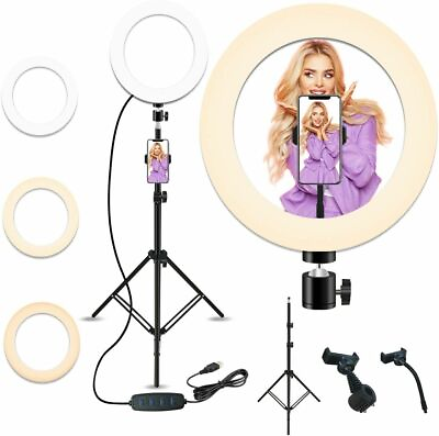 #ad 10quot; LED Selfie Ring Light With Tripod Phone Holder Stand For Makeup Live Stream $17.99
