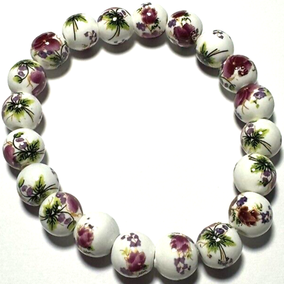#ad New Jewelry Bracelet Stretch Floral Painted White Glass Bead Porcelain Purple 42 $5.00