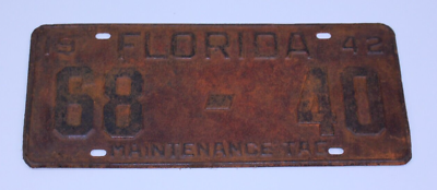 #ad Florida 1942 VTG License Plate Auto Tag Original Paint Maintenance Fla 68 40 War $63.99