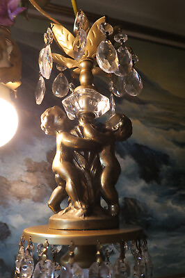 #ad Vintage crystal prism Cherub hanging SWAG Lamp Chandelier brass spelter $119.00
