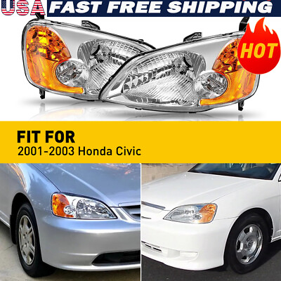 #ad Fits 2001 2002 2003 Civic Honda Chrome Housing Clear Corner Headlight Head Lamps $75.99