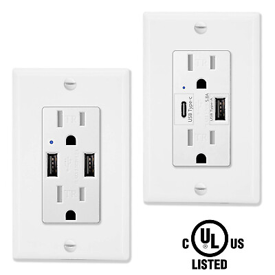 #ad 4.2A 5.8A Dual USB Port Wall Outlet Socket USB C Charger Receptacle w Plate UL $18.79