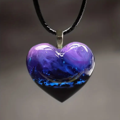 #ad Handmade Purple Glass Heart Nature Scene Mountain River Pendant Starry Sky $7.95