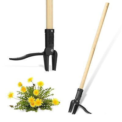 #ad Weed Puller Tool Stand Up Heavy Duty Weeding Tool Long Wooden Handle and 4 Claw $31.99
