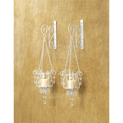 #ad 2 WHITE SHABBY HURRICANE CRYSTAL HANGING CANDLE HOLDER WALL HOOKS amp; SCONCES PAIR $34.95
