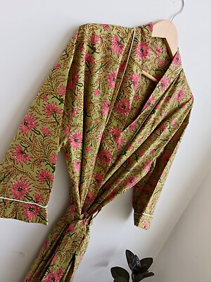 #ad Green Floral Print Indian Cotton Kimono Cardigan Bath Robe Japanese Robe Coverup $33.99