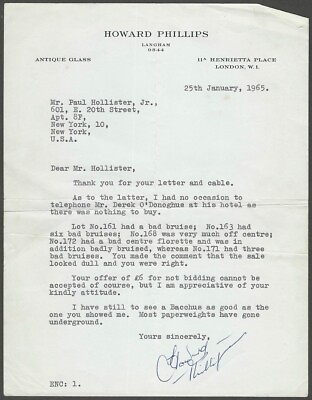 #ad 1965 Antique Glass Paperweight Expert Letter Howard Phillips to Paul Hollister $9.99