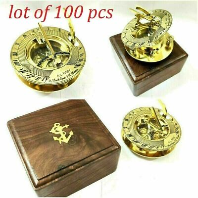 #ad Nautical Brass Compass 3quot; Round Sundial Compass with Wooden Box lot of 100 Unit $1046.07