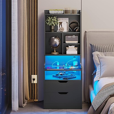 #ad Tall Nightstand with LED Lights amp; Charging Station End Side Table with Bookshelf $89.97