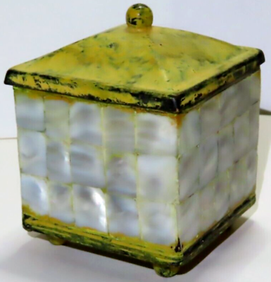 #ad Rustic Metal amp; Mother of Pearl Candle Holder Footed Box w Lid 2.5quot; H x 4quot; x 4quot; $12.50