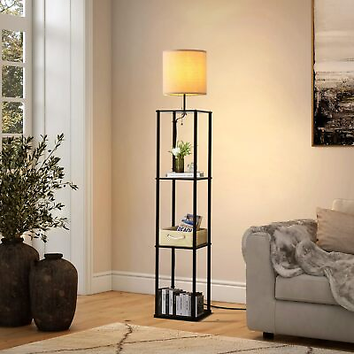 #ad Modern Floor Lamp with Shelves Black Shelf Floor Lamp with White Linen Shape ... $61.08