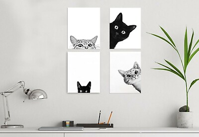 #ad Funny Cats Felines Peeking Home Wall Decor Black amp; White Prints Set of 4 $18.00