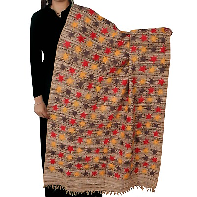 #ad Sanskriti Vintage Brown Woolen Shawl Handloom Hand Embroidered Stole Hijab Scarf $52.00