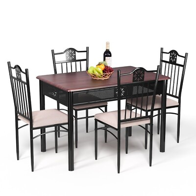 #ad 5 Pcs Dining Set Metal Table amp; 4 Cushioned Chairs Kitchen Breakfast Furniture $158.96