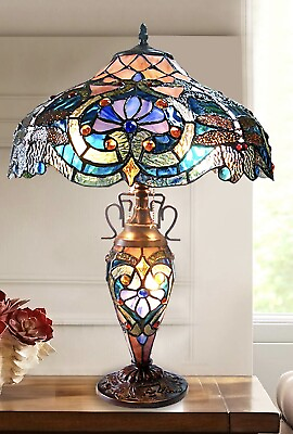 #ad 24” Tiffany Style Victorian Stained Glass Double Lit Table Accent Lamp $211.41