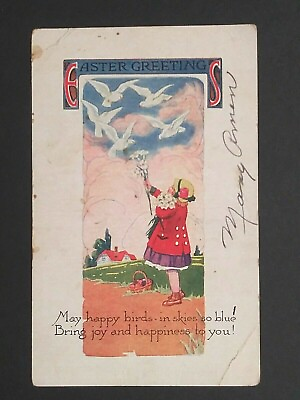 #ad Easter Greetings Happy Birds in Skies So Blue Little Girl Vtg Postcard c1910s $3.99