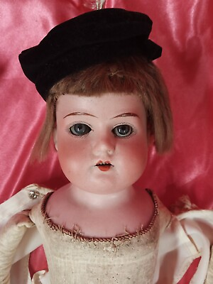#ad Antique 15quot; Germany Doll Leather Body Bisque Head Hands AM 12 0 black velvet $85.00