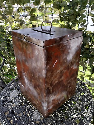 #ad Vintage Large Hand Painted Metal Donations Box With Hinged Lid amp; Carrying Handle $34.99