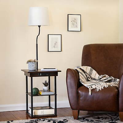 #ad Sofa End Table Walnut w Lamp Elegant AC Power USB Charging Ports Nightstand NEW $103.50