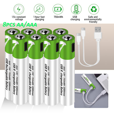 #ad 4 8Pcs AA AAA Lithium ion Batteries Type C USB Rechargeable Battery 2600mWh $32.99