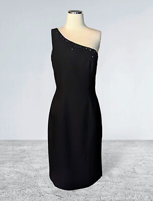 #ad LIZ CLAIBORNE Solid Black One Shoulder Beaded Evening COCKTAIL Dress Size 8 $39.99