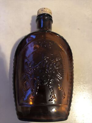 #ad Log Cabin Syrup Flask Bicentennial Amber Glass Bottle 24 oz 1776 1976 Vintage $15.00