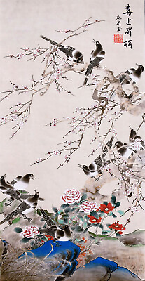 #ad 100% ORIGINAL ASIAN ART CHINESE WATERCOLOR PAINTING Happy birds loveramp;Flowers $29.99