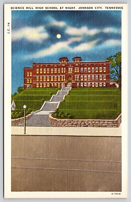 #ad Science Hill High School At Night Johnson City Tennessee Tn Linen UNP Postcard $12.00