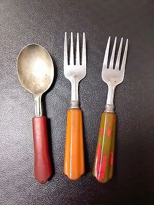 #ad As is Vintage Or Antique Children#x27;s Spoon Fork Lot Looks Like Bakelite $13.33