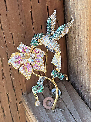 #ad Bird Hummingbird Daisy Flower Green Crystal Glass Rhinestone Brooch Pin Vintage $25.98