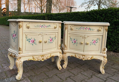 #ad A pair of antique Italian Baroque Rococo nightstands in cream or ivory beech $1450.00