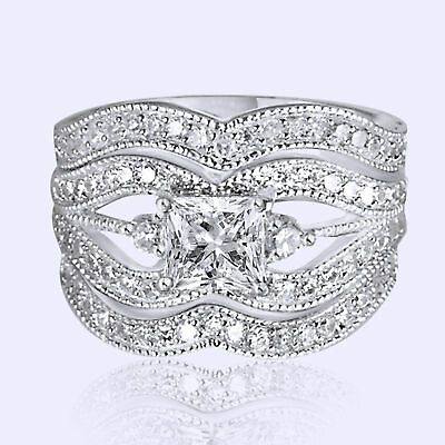 #ad Engagement Wedding Ring Bridal Band Set Princess Simulated Diamond 925 Silver $95.99